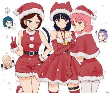3boys 3girls capelet chibi chibi_inset dress emma_sheen fa_yuiry fur-trimmed_dress fur_trim gundam hat henken_bekkener kamille_bidan kujira_naoto looking_at_viewer multiple_boys multiple_girls paptimus_scirocco red_capelet red_dress santa_costume santa_hat sarah_zabiarov smile thumbs_up v zeta_gundam