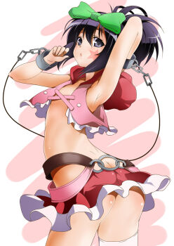 1girl armpits ass black_hair blue_eyes bow butt_crack clothing_cutout cuffs facial_tattoo female_focus flat_chest hair_bow highres hip_vent hooded kunihiro_hajime miniskirt miyabi_(miura105) no_panties ponytail revealing_clothes saki_(manga) shackles skirt solo star_(symbol) tattoo thighhighs vest white_thighhighs