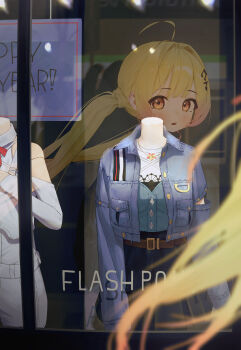 1girl absurdres ahoge blonde_hair english_text fortissimo hair_ornament highres hololive hololive_dev_is long_sleeves multicolored_hair musical_note musical_note_hair_ornament official_alternate_costume open_mouth orange_eyes orange_hair otonose_kanade otonose_kanade_(regloss_uniform) reflection selopangji virtual_youtuber