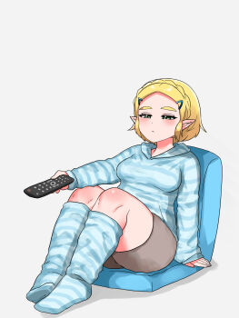 Rule 34 | 1girl, alternate costume, arm support, blonde hair, blue shirt, blue socks, braid, breasts, closed mouth, commentary request, controller, crown braid, full body, green eyes, grey shorts, highres, holding, holding controller, holding remote control, long sleeves, loungewear, medium breasts, nintendo, pointy ears, princess zelda, remote control, shirt, short hair, shorts, sitting, socks, solo, the legend of zelda, the legend of zelda: tears of the kingdom, wasabi (legemd), white background