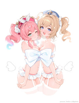 2girls aqua_eyes aqua_hair barbara_(genshin_impact) bare_shoulders beret bikini blonde_hair blue_eyes bound_together bow bowtie breast_press breasts closed_mouth commentary company_connection frilled_bikini frills from_side genshin_impact hat highres honkai:_star_rail honkai_(series) hyacine_(honkai:_star_rail) lilpalette looking_at_viewer medium_breasts mihoyo multicolored_hair multiple_girls navel one_eye_closed open_mouth patreon_username pink_hair short_hair simple_background stomach swimsuit thighhighs trait_connection twintails two-tone_hair white_background white_bikini white_bow white_bowtie white_thighhighs