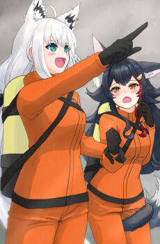 2girls :d ahoge animal_ears aqua_eyes black_gloves black_hair blush braid commentary_request cowboy_shot extra_ears fox_ears fox_girl gloves hair_ornament highres holding_another's_wrist hololive jumpsuit lethal_company mia960 multicolored_hair multiple_girls ookami_mio open_mouth orange_eyes orange_jumpsuit oxygen_tank pointing red_hair shirakami_fubuki simple_background single_braid smile streaked_hair tail tail_around_own_leg virtual_youtuber white_hair wolf_ears wolf_girl