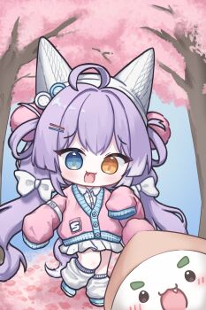 1girl absurdres ahoge beanie blue_eyes blush bow brown_pupils buttons cardigan cherry_blossoms chibi chibi_only collared_shirt creature double-parted_bangs fang hair_bow hair_ornament hair_rings hairclip hand_up hashtag-only_commentary hat heterochromia highres inari_(tenko_shibuki) ing_0321 leg_warmers long_hair long_sleeves looking_at_viewer low_twintails open_mouth outdoors parallel_hairclips pink_cardigan pink_pupils pleated_skirt pom_pom_(clothes) pom_pom_hair_ornament purple_hair raised_inner_eyebrows shirt skirt sleeves_past_fingers sleeves_past_wrists solo stellive tenko_shibuki tree twintails very_long_hair virtual_youtuber walking white_bow white_leg_warmers white_shirt white_skirt yellow_eyes