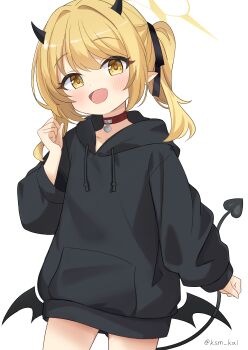 1girl :d absurdres alternate_costume arm_at_side black_hoodie black_horns black_ribbon black_tail blonde_hair blue_archive blush choker clenched_hands collarbone commentary_request cowboy_shot demon_girl demon_horns demon_tail demon_wings drawstring fang hair_ribbon halo hand_up heart heart_choker heart_pendant highres hood hood_down hoodie horns ibuki_(blue_archive) kashima_(ksm_kai) long_hair long_sleeves looking_at_viewer low_wings mini_wings no_pants open_mouth pendant_choker pocket pointy_ears puffy_long_sleeves puffy_sleeves red_choker ribbon side_ponytail simple_background small_horns smile solo standing tail tail_raised tareme white_background wings yellow_eyes yellow_halo