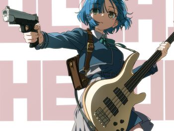 1girl backlighting bass_guitar blue_hair blue_shirt bocchi_the_rock! brown_bag crossover glock gun hair_ornament hairclip handgun highres holding holding_bass_guitar holding_instrument instrument lycoris_recoil lycoris_uniform shirt short_hair smith_&amp;_wesson_m&amp;p text_background washu_junkyu weapon white_background yamada_ryo yellow_eyes