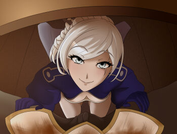 1boy 1girl armor assertive_female blue_eyes blue_gloves braid breasts brown_pants bulge cleavage commentary english_commentary from_above gloves half-closed_eyes hands_on_another&#039;s_thighs highres imminent_fellatio jaune_arc kneeling leux21eraser looking_at_viewer looking_up naughty_face pants pov pov_crotch rwby scar scar_across_eye scar_on_face seductive_smile small_breasts smile solo_focus under_table weiss_schnee white_hair