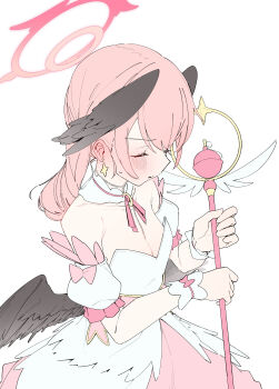 1girl absurdres alternate_costume black_wings blue_archive blush bow breasts cleavage closed_eyes closed_mouth commentary_request detached_collar dress earrings feathered_wings flat_color halo head_wings highres holding holding_staff jewelry koharu_(blue_archive) low_wings mage_staff magical_girl nijiko_uro pink_bow pink_hair request_inset simple_background solo staff sweat textless_version white_background white_wrist_cuffs wings wrist_cuffs