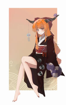1girl alternate_costume barefoot bosimaocir bow brown_horns chinese_commentary closed_mouth commentary_request gourd hair_bow highres horn_ornament horn_ribbon horns ibuki_suika japanese_clothes kimono long_hair looking_at_viewer nail_polish obi oni orange_eyes print_kimono red_bow red_kimono red_nails red_sash ribbon sash skull_print smile solo toenail_polish toenails touhou very_long_hair wind_chime