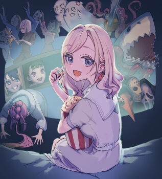 Rule 34 | 6+girls, :d, anyoji hime, aqua neckerchief, black ribbon, blonde hair, blue eyes, bob cut, breasts, ceras yanagida lilienfeld, chainsaw, commentary request, dress, evil grin, evil smile, fang, food, friday the 13th, ghost costume, gradient hair, great white shark, grey hair, grin, hair intakes, hair ribbon, hasu no sora school uniform, here's johnny! (meme), highres, hinoshita kaho, holding, holding food, hood, hooded jacket, inverted bob, jacket, jason voorhees, jaws (movie), kachimachi kosuzu, lao ren xing, large breasts, link! like! love live!, long hair, love live!, meme, multi-tied hair, multicolored hair, multiple girls, murano sayaka, neckerchief, open mouth, osawa rurino, outstretched arms, parody, pink hair, pink ribbon, ponytail, popcorn, purple eyes, red hair, ribbon, sailor collar, sailor dress, school uniform, scream (movie), shark, short hair, sidelocks, skin fang, smile, streaked hair, summer uniform, the shining, three-quarter sleeves, virtual youtuber, white dress, white jacket, white sailor collar, yugiri tsuzuri, zombie pose