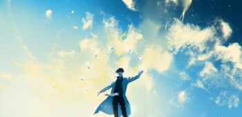 1boy absurdres black_hair black_shirt book cloud cloudy_sky coat collared_shirt feet_out_of_frame floating floating_book floating_object flying_paper highres kim_dokja male_focus omniscient_reader&#039;s_viewpoint open_book open_clothes open_coat outstretched_arms paper roellm shirt short_hair sky sky_focus solo standing white_coat wide_shot