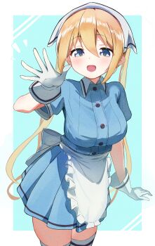 1girl absurdres apron aqua_background blend_s blonde_hair blue_dress blue_eyes border breasts collared_dress commentary cowboy_shot dress gloves hair_between_eyes hand_up headscarf highres hinata_kaho large_breasts light_blush long_hair open_mouth outside_border pleated_dress short_dress sidelocks smile solo standing stile_uniform thighhighs twintails urashima_jiro waist_apron white_apron white_border white_gloves white_headscarf white_thighhighs