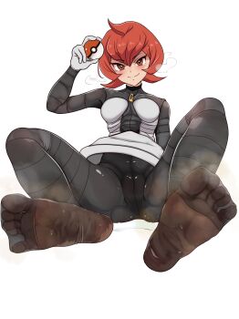 1girl blush brown_eyes douraku feet highres looking_at_viewer mars_(pokemon) medium_hair poke_ball pokemon pokemon_dppt red_hair see-through_clothes see-through_legwear smell smile soles steam sweat toes