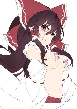 1girl absurdres bow breasts brown_hair detached_sleeves frilled_bow frilled_hair_tubes frills hair_between_eyes hair_bow hair_tubes hakurei_reimu highres long_hair long_sleeves looking_at_viewer ofuda ofuda_on_nipples pasties pleated_skirt red_bow red_eyes red_skirt ribbon-trimmed_sleeves ribbon_trim sidelocks simple_background skirt solo touhou unanooo_(fthx7532) white_background white_sleeves wide_sleeves