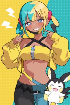 1girl :d ^_^ absurdres aqua_background aqua_hair aqua_pants black_hair black_mask black_pants blonde_hair blue_eyes canari_(pokemon) closed_eyes dark-skinned_female dark_skin emolga gen_5_pokemon grin highres jacket looking_at_viewer mask mask_pull mouth_mask navel nintendo odorukaminoke open_mouth pants pokemon pokemon_(creature) pokemon_legends:_z-a polka_dot polka_dot_background smile sports_bra standing teeth twintails two-tone_mask two-tone_pants yellow_background yellow_jacket yellow_mask yellow_sports_bra