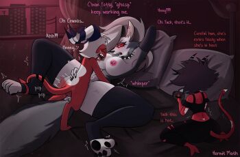 1boy 2girls animal_ears animal_hands breasts dog_ears dog_girl dog_paws dog_tail furry goth_fashion hellaverse helluva_boss highres large_breasts loona_(helluva_boss) millie_(helluva_boss) moxxie_(helluva_boss) multiple_girls netorare nipple_piercing piercing red_eyes size_difference speech_bubble tail video_camera wolf_ears wolf_girl wolf_tail