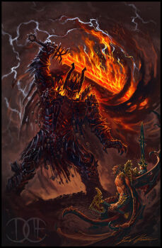 2boys angron armor axe battle black_border border butchers_nails_(warhammer_40k) cable chain_axe chaos_(warhammer) colored_skin david_haire demon demon_horns daemon_prince divine_being duel fire flaming_eyes flaming_sword flaming_weapon full_armor full_body gauntlets glowing glowing_eyes gorefather hair_tubes hell heresy_(warhammer) highres holding holding_axe holding_weapon horns khorne lightning multiple_boys open_mouth pauldrons primarch red_skin shoulder_armor signature skull skull_ornament sword teeth warhammer_40k weapon wings
