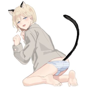 1boy androgynous animal_ears back_peek barefoot black_tail blonde-haired_boy_(sunaba_(nczd5875)) blonde_hair blue_eyes blue_panties blush bulge cat_ears cat_tail commentary_request fangs from_behind full_body grey_shirt kneeling long_sleeves looking_at_viewer looking_back male_focus open_mouth original panties partial_commentary paw_pose shirt short_hair simple_background sketch smile solo striped_clothes striped_panties sunaba_(nczd5875) sweat tail tail_raised toes tongue trap underwear white_background white_panties