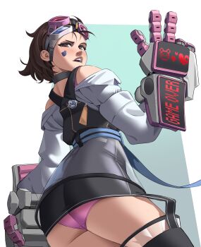 1girl alternate_costume belt blush brown_eyes brown_hair clothing_cutout commission detached_pants emi_(fighting_vipers) english_text fighting_vipers fighting_vipers_2 gauntlets goggles goggles_on_head heart highres looking_at_viewer looking_back looking_down mechanical_hands panties pink_panties sadraquesakuga sega shirt short_hair shoulder_cutout simple_background skirt solo sticker sticker_on_face suspenders underwear upskirt