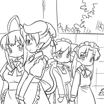 Rule 34 | 4girls, astaroth (shinrabanshou), black sclera, blush, colored sclera, futaba channel, greyscale, hinemosu notari, horns, long hair, maid, medoi (nijiura maids), modoi (nijiura maids), monochrome, multiple girls, nijiura maids, os-tan, outdoors, shinrabanshou, short hair, we-tan