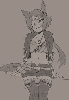 1girl animal_ears clenched_teeth crop_top greyscale groin hair_over_one_eye highres horse_ears horse_tail jacket jewelry long_hair long_sleeves monochrome navel necklace oniyanna open_clothes open_jacket shorts simple_background solo tail teeth umamusume v-shaped_eyebrows very_long_hair vodka_(umamusume) vodka_(wild_top_gear)_(umamusume)