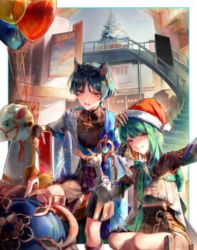 Rule 34 | 1boy, 1girl, :d, anemo symbol (genshin impact), animal ear hairband, animal ears, aqua gem, arm rest, armor, balloon, black bodysuit, black bow, black bridal gauntlets, black hairband, black sandals, black shirt, black shorts, black sleeves, blue cape, blue hat, blue kimono, blue sleeves, blunt ends, blush, bodysuit, bow, bowtie, bridal gauntlets, bright pupils, cape, cat ear hairband, cat ears, christmas, christmas tree, commentary request, cropped shirt, exit sign, eyeliner, facebook logo, facebook username, fake animal ears, feathers, frilled sleeves, frills, fur-trimmed headwear, fur trim, furisode, gem, genshin impact, gold, gold ring, gold trim, green bow, green bowtie, green hair, grey eyes, hairband, hakama, hakama shorts, hand on another's head, hand up, hat, highres, indoors, instagram logo, instagram username, japanese armor, japanese clothes, jingasa, juban, kimono, kote, kurokote, layered sleeves, lic 617, long sleeves, makeup, mall, mandarin collar, medium hair, middle ring, oc x canon, open clothes, open hand, open kimono, open mouth, original, pleated shorts, pom pom (clothes), pouch, purple eyes, purple rope, red eyeliner, rope, sandals, santa hat, scaramouche (genshin impact), shirt, short over long sleeves, short sleeves, shorts, shoulder peek, slit pupils, smile, stairs, swept bangs, tassel, teeth, thigh pouch, tongue, tongue out, tsurime, twitter username, twitter x logo, uneven eyes, unworn hat, unworn headwear, vision (genshin impact), wanderer (genshin impact), white kimono, white pupils, white sleeves, wispy bangs, yellow feathers, zouri