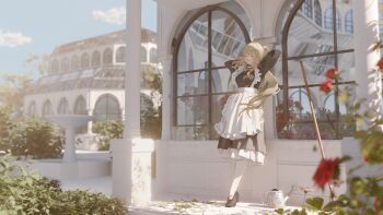 Rule 34 | 1girl, absurdres, apron, arms up, black dress, black shoes, blonde hair, building, chinese commentary, closed eyes, commentary request, day, dress, frilled apron, frills, full body, grin, highres, layered dress, long hair, long sleeves, maid, maid apron, original, outdoors, pantyhose, scenery, shade, shoes, slice of life, smile, solo, standing, white apron, white pantyhose, xiaojian (dgha2728)