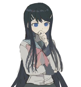 1girl blue_eyes bow bowtie danganronpa:_trigger_happy_havoc danganronpa_(series) hair_ornament hairclip hairstarfish hand_up highres long_hair long_sleeves looking_at_viewer maizono_sayaka pink_bow pink_bowtie pleated_skirt sailor_collar school_uniform shirt simple_background skirt solo white_background