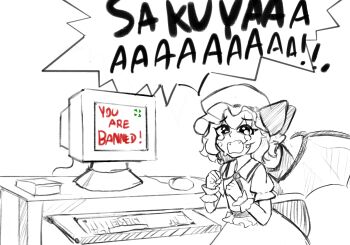Rule 34 | 1girl, 4chan, bow, clenched hands, computer mouse, cowboy shot, crying, crying with eyes open, demon wings, desk, drawfag, english text, fangs, furrowed brow, greyscale, hat, hat bow, highres, mob cap, monitor, monochrome, remilia scarlet, screaming, short hair, simple background, solo, speech bubble, spot color, standing, tears, touhou, white background, wings, wrist cuffs