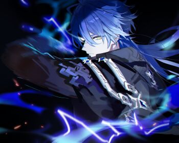 1boy absurdres arm_up black_background black_capelet capelet closed_mouth electricity flins_(genshin_impact) floating_hair fractalmagnolia genshin_impact glowing glowing_eye gradient_hair highres long_sleeves male_focus multicolored_hair solo unfinished upper_body yellow_eyes
