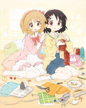 2girls black_hair blonde_hair blue_skirt blush bow_hairband cardigan center_frills commentary_request dated_commentary dress frills hairband highres holding holding_needle idolmaster idolmaster_cinderella_girls koga_koharu long_sleeves multiple_girls needle nendo23 pink_cardigan plaid_clothes plaid_scarf red_hairband red_scarf sasaki_chie scarf scissors shirt short_hair sitting skein skirt smile thighhighs wariza white_dress white_shirt white_thighhighs yellow_cardigan yokozuwari
