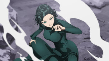 1girl artist_name breasts dress fubuki_(one-punch_man) green_dress green_eyes green_hair hair_lift highres long_sleeves looking_at_viewer looking_up one-punch_man puffy_long_sleeves puffy_sleeves short_hair solo twitter_username wind wind_lift yoshino_(laencl)