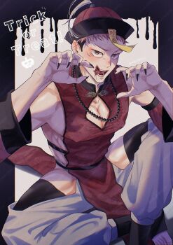 1boy alternate_costume black_hair black_nails blood blood_on_face brown_eyes commentary_request covered_erect_nipples fingernails highres itadori_yuuji jewelry jujutsu_kaisen male_focus multicolored_hair necklace pectoral_cleavage pectorals pink_hair sharp_fingernails short_hair sidepec solo takotakojuju teeth thighs tongue tongue_out too_many_watermarks trick_or_treat twitter_username two-tone_hair undercut watermark