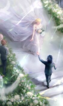 2boys 2girls artist_name athrun_zala bare_shoulders black_jacket black_pants black_shoes black_suit blonde_hair blue_hair bouquet breasts brown_hair cagalli_yula_athha cleavage closed_eyes commentary_request couple dress earrings flower formal_clothes from_above gundam gundam_seed gundam_seed_freedom hetero highres holding holding_bouquet husband_and_wife inhouhou jacket jewelry kira_yamato lacus_clyne long_dress medium_breasts medium_hair multiple_boys multiple_girls off-shoulder_dress off_shoulder open_mouth outstretched_hand pants pink_hair shoes short_hair smile suit suit_jacket twitter_username watermark wedding wedding_dress white_dress