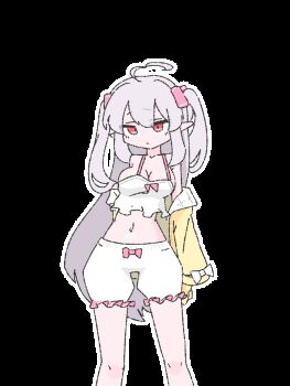 1girl a_simple_life_with_my_unobtrusive_sister ahoge animated animated_gif bouncing_breasts bow breasts camisole cardigan cardigan_partially_removed cleavage closed_eyes cowboy_shot dancing frills grey_hair hair_bow long_hair looking_at_viewer looping_animation midriff navel niliu_chahui open_cardigan open_clothes original pointy_ears red_eyes shorts simple_background solo swaying swaying_hip sweater transparent_background twintails very_long_hair white_camisole white_shorts yellow_sweater