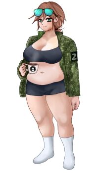 Rule 34 | 1girl, aqua eyes, aviator sunglasses, borrowed character, bow shorts, breasts, brown hair, coffee mug, commission, commissioner upload, cup, emr camouflage, highres, jacket, large breasts, mug, open clothes, open jacket, original, plump, ponytail, sleepy, solo, sports bra, sunglasses, z (russian symbol)
