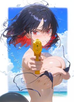 aiming bikini blush covering_breasts covering_privates highres multicolored_hair red_eyes splashing swimsuit torn_bikini torn_clothes two-tone_hair water_gun