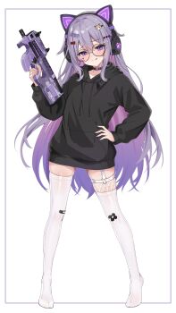 1girl :q absurdres animal_ear_headphones animal_ears asymmetrical_legwear black_choker black_hoodie bullpup castellayaki cat_ear_headphones cat_ears choker colored_inner_hair commentary double-parted_bangs fake_animal_ears feet fishnet_thighhighs fishnets fn_p90 garter_straps gem glasses gradient_hair gun hair_flaps hair_ornament hairclip hand_on_own_hip headphones heart heart_o-ring highres holding holding_gun holding_weapon hololive hololive_english hood hoodie jewel_under_eye koseki_bijou long_hair long_sleeves looking_at_viewer mismatched_legwear multicolored_hair no_pants no_shoes o-ring o-ring_choker o-ring_thigh_strap pink_hair purple_eyes purple_gem purple_hair sidelocks simple_background single_garter_strap solo standing submachine_gun thigh_strap thighhighs toes toes_visible_through_clothing tongue tongue_out very_long_hair virtual_youtuber weapon white_background white_thighhighs