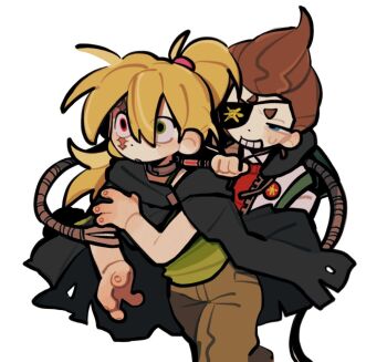 1boy 1girl blonde_hair brown_hair cindy_vortex cloak eyepatch heterochromia jimmy_neutron jimmy_neutron_(series) looking_at_viewer messy_hair pants ponytail shirt short_hair smile tagme warwickalantero