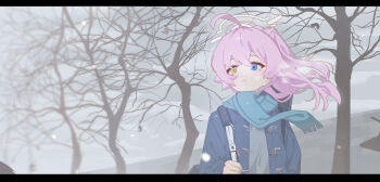 1girl ahoge bag bare_tree blue_archive blue_coat blue_eyes blue_scarf blush closed_mouth coat duffel_coat floating_hair fog grey_sky grey_sweater halo hashtag-only_commentary heterochromia holding_strap hoshino_(blue_archive) hoshino_(second_year)_(blue_archive) jaeb_(kkrt0302) letterboxed long_hair looking_to_the_side open_clothes open_coat outdoors pink_hair ponytail scarf shoulder_bag sky solo sweater tree upper_body white_halo wind yellow_eyes