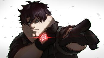 1boy black_gloves black_hair blue_eyes cleft_chin cosplay family_guy fat fat_man fate/grand_order fate_(series) fujimaru_ritsuka_(male) fujimaru_ritsuka_(male)_(cosplay) fujimaru_ritsuka_(male)_(polar_chaldea_uniform) gloves kowai_(iamkowai) male_focus peter_griffin scratches short_hair