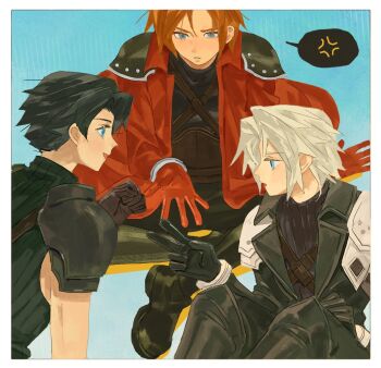 3boys aged_down angeal_hewley anger_vein annoyed arm_support armor black_boots black_hair black_sweater blue_background blue_eyes boots brown_gloves chest_strap clenched_hand coat commentary crossed_legs final_fantasy final_fantasy_vii final_fantasy_vii_ever_crisis genesis_rhapsodos gloves grey_hair hand_up hashtag-only_commentary knee_boots knees_up leaning_forward looking_at_another male_focus multiple_boys open_mouth pai_jingguan parted_bangs pauldrons red_coat red_gloves rock_paper_scissors sephiroth sephiroth_(ever_crisis) shadow short_hair shoulder_armor sitting sleeveless sleeveless_sweater sleeveless_turtleneck smile spoken_anger_vein sweater turtleneck turtleneck_sweater