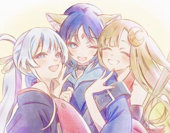 Rule 34 | 3girls, animal ears, black choker, black hair, blonde hair, blush, cho kaguya-hime!, choker, closed eyes, commentary request, fox ears, highres, japanese clothes, kaguya (cho kaguya-hime!), kimono, long hair, multiple girls, one eye closed, open mouth, pato (ptro), rabbit ears, runami yachiyo, sakayori iroha, short hair, smile, white hair