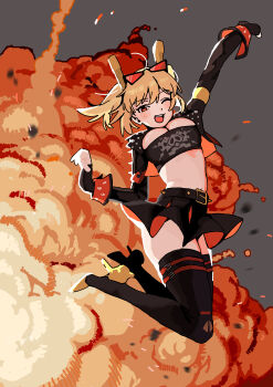 Rule 34 | 1girl, ;d, absurdres, andii (anzai teachco), arm up, black skirt, black tube top, blonde hair, blush, boots, breasts, burnice white, cleavage, commentary, dot nose, explosion, explosion background, eyewear on head, grey background, half-jacket, high heels, highres, jacket, jacket on shoulders, jumping, knee boots, large breasts, looking at viewer, midriff, navel, one eye closed, open mouth, red-tinted eyewear, red eyes, simple background, skirt, smile, solo, strapless, sunglasses, thighs, tinted eyewear, tube top, twintails, zenless zone zero