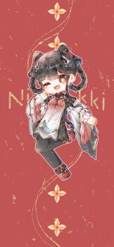 Rule 34 | 1girl, absurdres, black dress, black hair, black pantyhose, bling (infinity nikki), blunt bangs, boots, bow-shaped hair, braid, braided hair rings, brown eyes, chibi, chinese commentary, commentary request, copyright name, double bun, dress, eyelashes, frilled boots, frilled sleeves, frills, gradient clothes, hair bun, hair ornament, hair rings, hair tubes, hairclip, hand on own cheek, hand on own face, happy, highres, infinity nikki, layered sleeves, long sleeves, mountain print, nikki (series), one eye closed, open mouth, outline, pantyhose, pleated dress, print tabard, red background, red boots, red tabard, shiguangbulao277, short dress, short hair with long locks, short over long sleeves, short sleeves, sidelocks, smile, solo, song beyond (infinity nikki), sparkling eyes, tabard, two-tone tabard, white outline, white tabard, wide sleeves