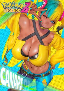 1girl absurdres alternate_breast_size_(larger) b_0_rukia bare_shoulders belt blue_eyes breasts canari_(pokemon) character_name collarbone commentary copyright_name cropped_jacket dark-skinned_female dark_skin english_commentary female_focus fingernails gyaru hand_on_own_hip highres jacket large_breasts lips long_fingernails maske multicolored_hair navel nintendo one_eye_closed pants peace_symbol pokemon pokemon_legends:_z-a shiny_skin solo solo_focus standing stomach thighs wink yellow_jacket