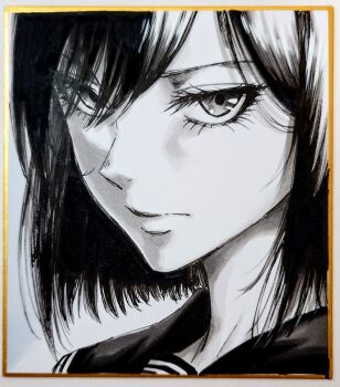 1girl closed_mouth commentary_request eyes_visible_through_hair greyscale hair_over_one_eye long_bangs looking_at_viewer makomako1061 monochrome original parted_bangs photo_(medium) portrait serious shikishi short_hair solo traditional_media