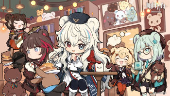 5girls :d amiya_(arknights) animal_ears arknights bear_ears bear_girl beret blonde_hair blue_eyes blue_hair bookshelf box brown_coat brown_hair brown_hat candy_hair_ornament ceiling_light chibi chibi_only closed_eyes coat copyright_logo cup doctor_(arknights) door dress drinking_glass earphones food food-themed_hair_ornament fork guitar gummy_(arknights) hair_ornament hairclip hat heterochromia highres holding holding_cup holding_fork holding_guitar holding_instrument indoors instrument istina_(arknights) kumomero leto_(arknights) logo long_hair long_sleeves looking_at_viewer looking_back monocle multicolored_hair multiple_girls musical_note official_art open_mouth orange_pantyhose pancake pancake_stack pantyhose picture_frame plate portrait_(object) red_eyes red_streaks rosa_(arknights) short_hair singing smile standing star_(symbol) star_hair_ornament streaked_hair stuffed_animal stuffed_rabbit stuffed_toy table teddy_bear very_long_hair white_dress white_hair zima_(arknights)