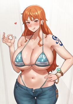 1girl 2024 5t_(5t_000) :q absurdres adapted_costume bangle bare_shoulders bikini bikini_under_clothes blue_pants blush bracelet breasts brown_eyes cleavage closed_mouth collarbone commentary covered_erect_nipples cowboy_shot curvy denim earrings english_commentary green_bikini halterneck handjob_gesture heart heart-shaped_pupils highleg highleg_bikini highres jeans jewelry large_breasts log_pose long_hair looking_at_viewer midriff nami_(one_piece) nami_(one_piece)_(return_to_sabaody) navel ok_sign one_piece orange_hair paid_reward_available pants pearl_earrings shiny_skin shoulder_tattoo single_sidelock skindentation solo stomach string_bikini striped_bikini striped_clothes swimsuit symbol-shaped_pupils tattoo thigh_gap thong thong_bikini tongue tongue_out underboob wavy_hair whale_tail_(clothing) wide_hips