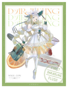 Rule 34 | 1girl, :d, absurdres, artist name, bag, bandaged leg, bandages, bare shoulders, black ribbon, blue eyes, blue flower, border, braid, breasts, cake, cake slice, collared dress, commentary request, cup, detached sleeves, dress, flower, food, fork, full body, goroku, green border, hat, highres, holding, holding bag, long hair, long sleeves, looking at viewer, low twintails, medium breasts, open mouth, original, puffy long sleeves, puffy sleeves, ribbon, see-through clothes, see-through dress, shoes, sleeveless, sleeveless dress, smile, solo, spoon, teacup, thighhighs, twin braids, twintails, very long hair, white background, white dress, white hair, white hat, white shoes, white sleeves, white thighhighs