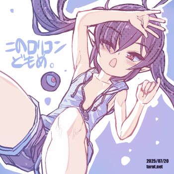 1girl armpit_crease backbeako_(torotei) backbeard black_hair black_shorts blue_background blush breasts collarbone commentary covered_erect_nipples dated dated_commentary eyes_visible_through_hair gegege_no_kitarou hair_over_one_eye half-closed_eye hands_up jacket kono_lolicon_domome long_hair looking_at_viewer one_eye_closed open_mouth original paid_reward_available partially_unzipped pinky_out pointy_ears red_eyes shorts simple_background sleeveless sleeveless_jacket small_breasts solo torotei translated twintails two-tone_background watermark web_address white_background white_jacket